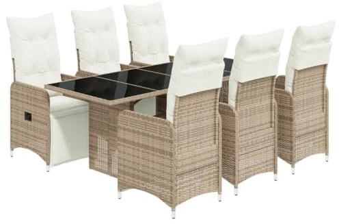 vidaXL Garten Bistroset 7-TLG., Balkonset mit Kissen, Gartenmöbel Tisch 6 Verstellbare Stühle, Balkonmöbel Sitzgruppe Gartengarnitur, Braun Poly Rattan