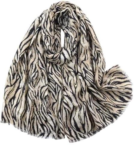 KRUIHAN Bufanda Mujer Estampado Cebra Beige 180x85cm, Ligera para Otoño e Invierno, Ideal para Regalos, Fiestas y Uso Diario, Chal Elegante con Detalles Dorados