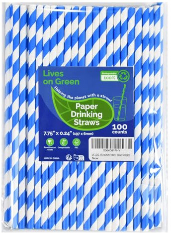 Lives on Green Blau gestreifte Einweg-Papierstrohhalme zum Trinken 19,7cm 100 Stück, Kompostierbar - für Cocktail, Kaffee, Saft