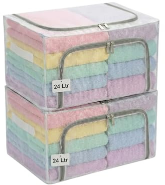 FALINGO Faltbare Aufbewahrungsboxen Faltboxen Aufbewahrungstaschen 2 x 24 Ltr stabiler Metallrahmen stapelbar Reißverschlüsse seitliche Tragegriffe transparent (2 x 40L x 30B x 20H cm)