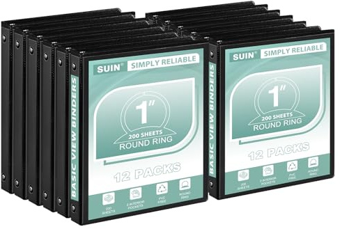 SUIN1-Inch 3-Ring-Binder, Customizable Clear View Cover, for US Letter Size 8-1/2 x 11'', Perfect for Office/School (Black - 12 Packs)