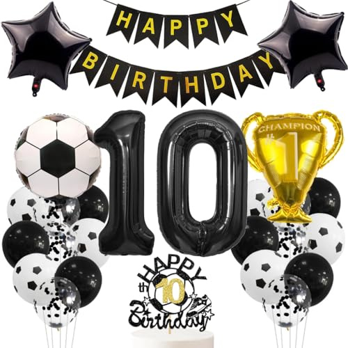 Anlgdi Fußball Ballon-Set 10. Geburtstag Dekoration, Schwarz, 29 Stück, Hochwertig, Konfetti, Jungen, Kinder (10. Geburtstag)