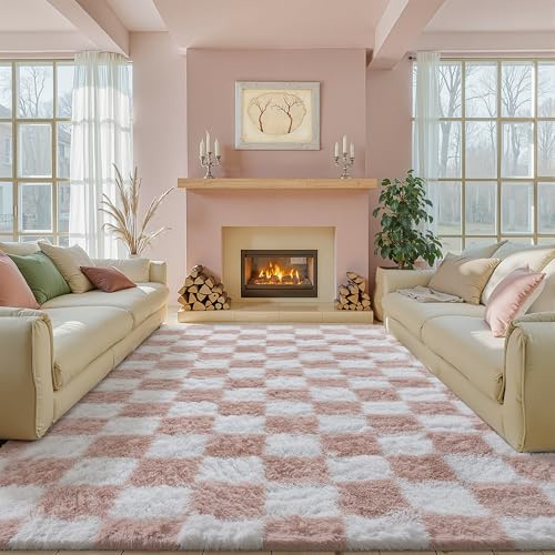 HUGEAR Kariert Flauschig Teppich Wohnzimmer 200x300cm Rosa Weiß Shaggy Carpet | Rugs Schlafzimmer für Erwachsene, Mädchen, weich, flauschig, großer Teppich, Teppich, rutschfest, modern, Zimmerdekoration