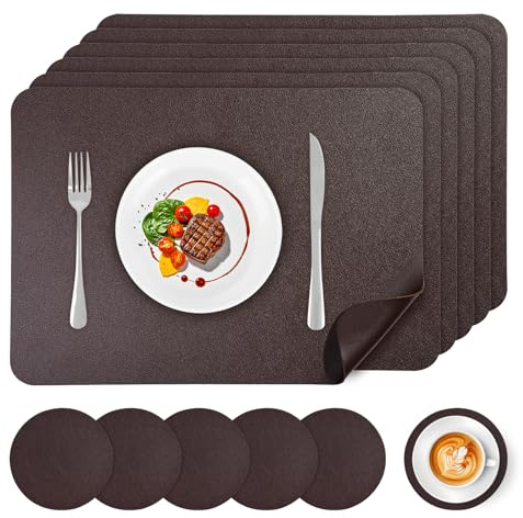 APLKER Tovagliette in Pelle Set di 6 Tovaglietta Americana Lavabili Impermeabili Antiscivolo Resistenti al Calore, Rettangolari Set Tovagliette, 16.9 x 11.8 Inch (43 x 30 CM)-Caffè