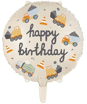Folienballon Baustelle Happy Birthday – Fahrzeuge Ballon mit Bagger, Kran & LKW – Helium Luftballon Geburtstag Junge – Kindergeburtstag Deko Baustellen Party – 1 Stück
