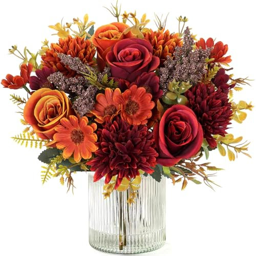 MEIVINES Artificial Flowers Artificial Rose Silk Flowers 2 Bunches Faux Rose Daisy Flower Bouquet for Wedding Party Table Centerpieces Floral Arrangement Home Kitchen Decor (Orange&Red, 2PCS)