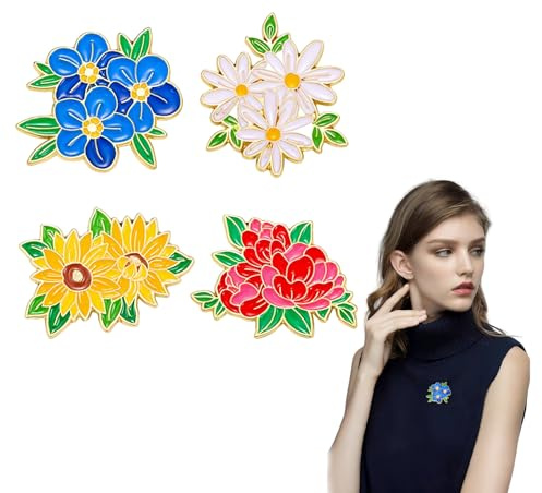 Goiern 4 Stück Bunte Emaille Anstecknadeln Set mit Gänseblümchen und Sonnenblume, Blumen Broschen für Damen, Modischer Schmuck zum Dekorieren von Kleidung und Taschen