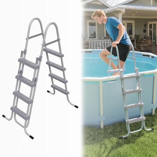 UISEBRT Poolstege med 4 steg, metallpooltrappa för uppställningspool, säkerhetsstege höjd upp till 130 cm, poolstege, vändbar upp till 150 kg lastkapacitet, grå