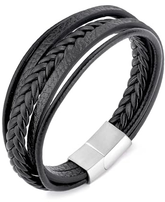 Philip Jones Men's äkta svart läderarmband med rostfritt stål lås