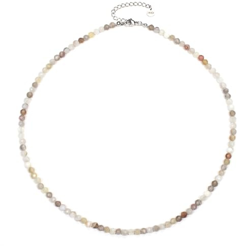 LAKADA Botswana Achat Edelsteinkette mit facettierten 4mm Perlen - echte Natursteine - Länge verstellbar - Heilstein Schutzstein Edelstein Collier Glücksbringer Talisman Geschenk (Botswana A., 45, S)