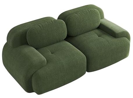 HAINEW Modern corduroy-soffa med böjda armstöd och halkfri undersida, för att montera och kombinera, vardagsrum, grön, 2-sits