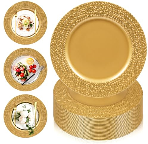 PROY 100 Pcs Gold Charger Plates Bulk,13 Inch Leaf Trim Antique Charger Plate, Plastic Reusable Round Charger Platters for Table Setting, Wedding, Party, Event