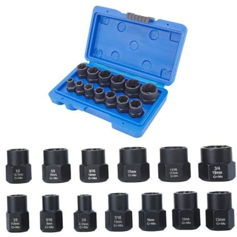 Tofficu Jeu D'extracteurs de Boulons et Écrous, Douilles Extractrices en Acier Chrome-molybdène, Motif Spiralé Anti-glisse, Kit 13 Pièces Coffret Solide, pour Démontage Écrous Rouillés