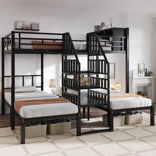 Trdlpyn Letto a Castello in Ferro battuto, Letto Triplo con Scaletta corrimano, letto Superiore con Vano Contenitore, Robusta Struttura del letto, Letto Superiore 140x200 cm, Inferiore 90x200 cm
