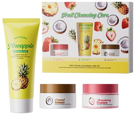 Set per la cura del viso fruttato, detergente sbiancante all'anananas + scrub esfoliante al cocco + crema idratante alla fragola, pulisce accuratamente, rimuove le pelli morte, lascia la pelle