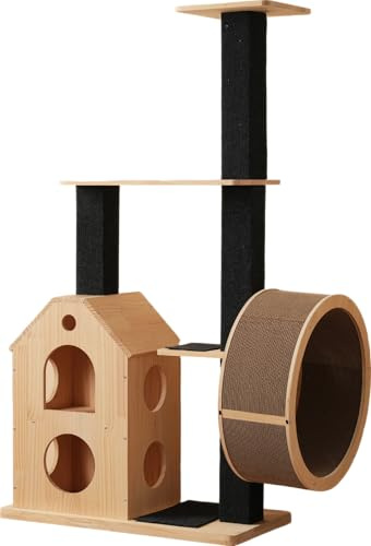muenfly Kratzbaum groß mit Laufrad aus Holz - Katzenbaum XXL mit 4 Plattformen, 2 Schlafhäusern & Sisal-Kratzsäulen - 80x40x152 cm - Extra stabil Katzenkratzbaum für große Katzen und Maine Coon