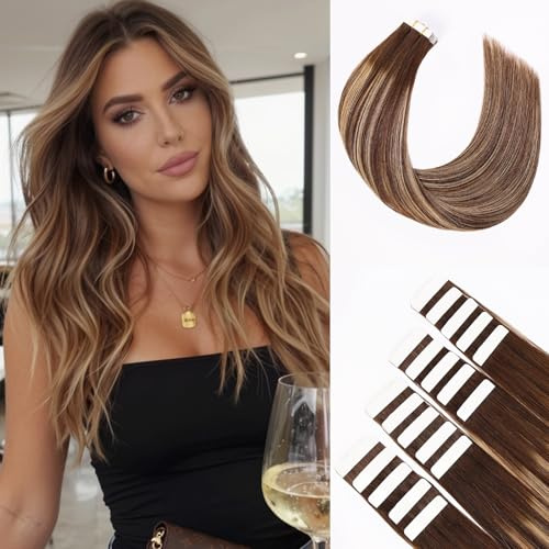 Tape Extensions Echthaar 20pcs Extensions Echthaar 55cm Schokoladenbraun mit Karamellblond Invisible Tape in Extensions Echthaar 50g Echthaar Extensions Tape Haarverlängerung(22inch,4/4/27#)