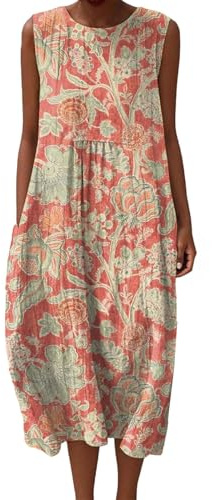 Summer Holiday Dresses for Women Boho Floral Cotton Linen Loose Fit with Pockets Sleeveless Midi Dress Casual Beach Ladies Clothing Lightweight Outfits