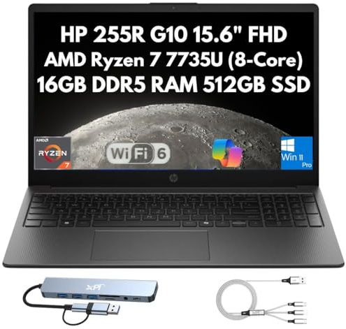 HP 255R G10 Business Laptop 2026, 15,6 FHD, AMD Ryzen 7 7735U 8-Core (Beats i7-1355U), 16GB DDR5 RAM, 512GB PCIe SSD, webcam, Wi-Fi 6, HDMI, tastierino numerico, docking station, copilot Windows 11