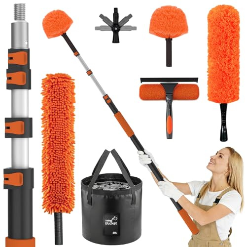 LAANPOLE 6m Feather Duster Kit with Telescopic Pole, Extendable Microfiber Duster for High Ceiling, Long Handled Duster Kit with Cobweb Brush & Telescopic Window Cleaner & Bucket