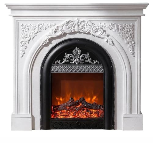 Marble Fireplace French Vintage Decorative Electric Fireplace Mantel with Non-Heating Insert Fireplace Frame(White)