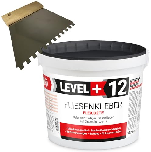 Level Plus 12 Fliesenkleber D2TE - Dispersionskleber für Innen & Außen | Gebrauchsfertiger Flexkleber für Fliesen, Feinsteinzeug, Naturstein & Glasmosaik - Weiß 10kg + Zahnspachtel Edelstahl