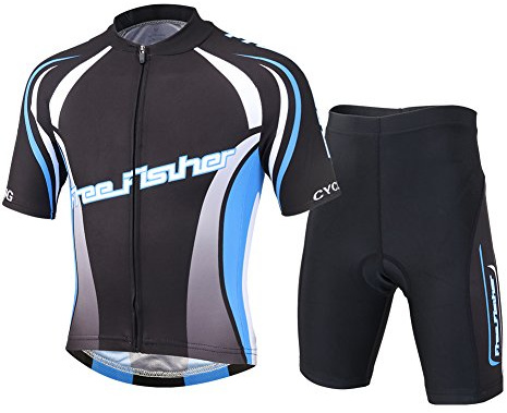 Free Fisher Divisa da ciclismo per bambini, maglia a maniche corte + pantaloncini da ciclista, Bambini (unisex), Schwarz und Himmelblau, 146