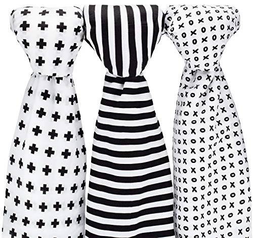 MULLTÜCHER für Jungs + Mädchen aus 100% Baumwolle von Ziggy Baby - 3er Pack - vielseitig einsetzbar z.B als Kuscheldecken, Wickel-, Still- und Pucktücher - schwarz und weiß - 120 x 120 cm groß
