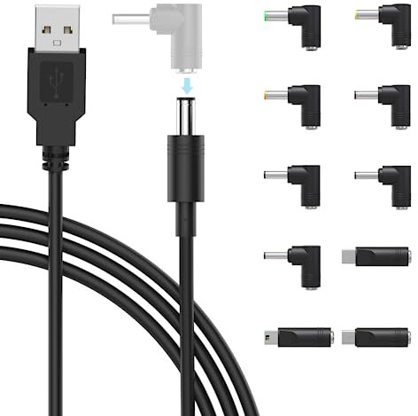 BERLS 5V USB to DC Power Cable Power Cord Universal Charging Cable 5.5x2.1mm DC Jack with 10 Connector Tips for Led Strip Lights, Mini Projector, Router, Keyboard, USB Hub and More Device
