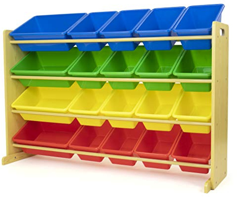 Humble Crew Extra-Large Toy Organizer with 20 Plastic Bins – Primary/Natural Storage Rack with 4-Tier Shelves, Anti-Tip Safety, for Kids’ Rooms, Playrooms, Nurseries & Classrooms