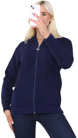 Candid Styles Womens Zipped Cable Knit Long Sleeve Zip Through Fasten Jumper Cardigan #Navy/UK 14-16