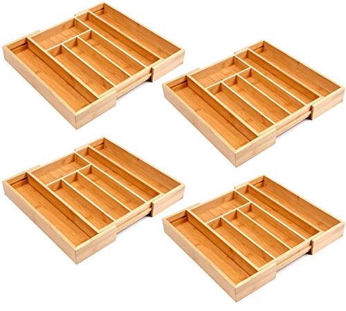 HAC24 4er Set Bambus Besteckeinsatz Schublade Besteckkasten Schubladeneinsatz Ausziehbar 25,5 – 39,5 x 35,5 x 5 cm Besteck Organizer Utensilienhalter