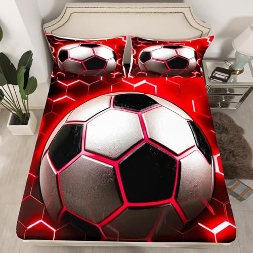 Erosebridal Football Bed Sheets for Boys Soccer Fitted Sheet Set,Red Neon Light Decor Bedding Twin Modern Style Glowing Honeycomb Bed Cover 2pcs,Sports Themed Bedroom Decor