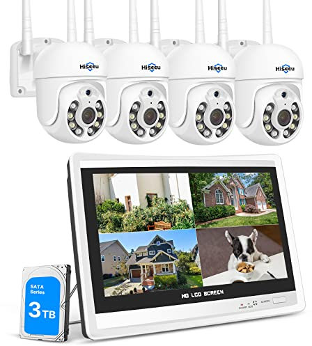 Hiseeu 5MP Kit de 4 Camaras de Vigilancia WiFi, Sistema Inalámbrico con Monitor de 12'', Detección de Movimiento, Visión Nocturna en Color, Audio Bidireccional