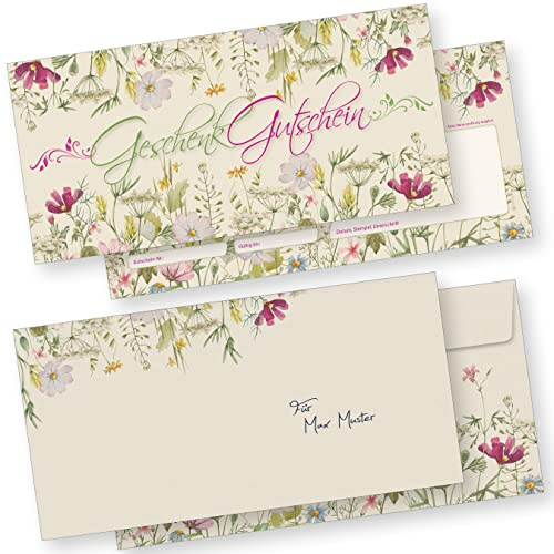 tatmotive Gutscheine mit Umschläge Wildblumen 25 Stück - Gutscheinkarten mit Blumen für Gewerbe wie Wellness Floristik