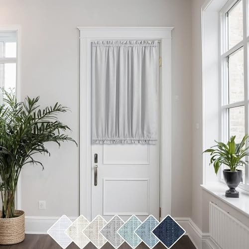 KOUFALL Gray Linen Front Door Curtain for Glass Door Half Window Privacy Protected Light Filtering Rod Pocket Linen Blend Small Curtain Panels Bonus 1 Tie Back 52 x 40 Inch Length Grey Colored