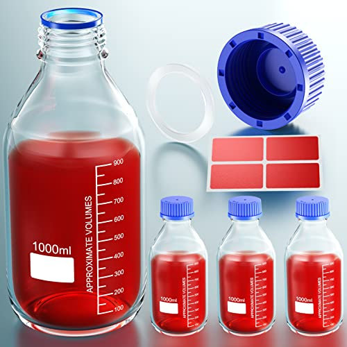 GL25 25 ml GL32 50 ml GL45 100 ml 250 ml 500 ml 1000 ml botellas redondas de almacenamiento de medios botellas de vidrio con GL45 tapón de rosca azul(1000ml 4pcs)