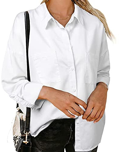 Sawmew Jeansskjorta Långärmad Jeansblus Med Knäppning För Kvinnor Mode Vår Höst Lätt Jeansjacka Med Fickor (Color : White, Size : M)