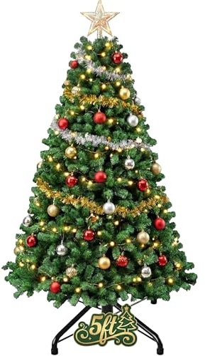 UR CHOICE 5 ft Artificial Christmas Tree, Realistic Green Pine Xmas Tree with Natural Looking Branch Tips and Sturdy Base, Easy Assembly Reusable Indoor Christmas Tree for Home and Office