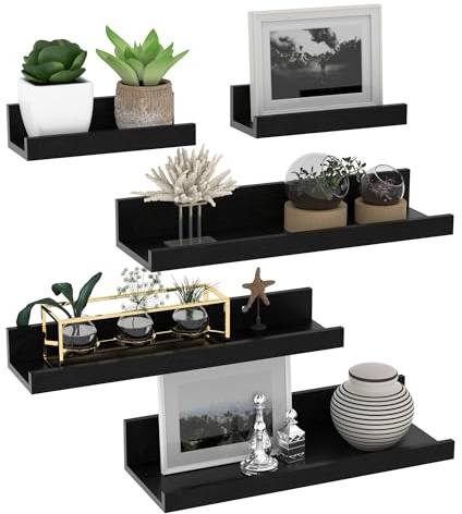 Giftgarden 40cm Estanteria Pared de Madera, Baldas Pared Negro para Baño, Entrada Recibidor, Cocina, Salon-Juego de 5 con Diferentes Tamaños