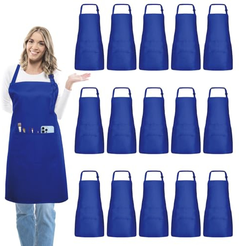 IMERAGO 15 Pcs Adult Aprons Bulk with Pockets Adjustable Bib Chef Apron for Women Men Painting Cooking Crafting (Blue, L)