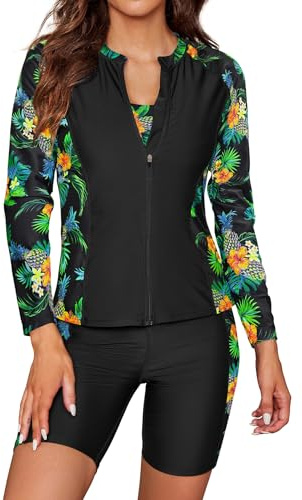 SHEKINI - Conjunto de 3 piezas de tankini para mujer con manga larga, Rash Guard, cremallera, camiseta de natación, camisa de surf, chaleco, bikini, bañador, pantalones de baño, traje de baño
