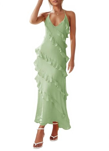 Wenrine Womens Sexy Chiffon Halter Maxi Dress Sleeveless Backless Ruffle Tassel Party Club Dresses Light Green
