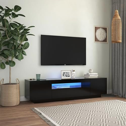 Homgoday Meuble TV avec lumières LED noir 160 x 35 x 40 cm, meuble TV meuble bas pour TV, table de salon, support TV pour intérieur salon