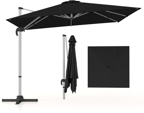 Costway Parasol Déporté 3x3M Carré, Inclinable 5 Angles, Hauteurs Réglables, Excentré Rotatif 360° Manivelle, Double Toit (Noir)