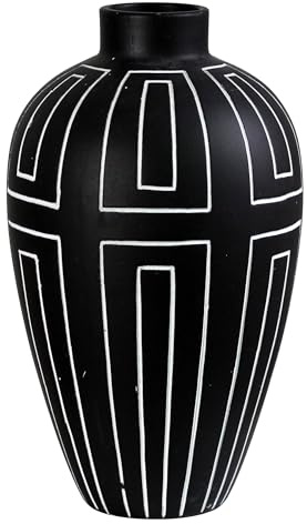 Olly & Rose Vase en céramique avec lignes blanches gravées - 20 x 20 x 34,5 cm - Grand vase à fleurs contemporain pour décoration d'intérieur
