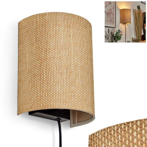 Wandleuchte Viadores, Wandlampe aus Metall/Bast in Schwarz/Natur, Leuchte im Boho-Design, Wandleuchte mit Stecker und Schalter, abnehmbares Kabel, UP & Down Lichteffekt, 1 x E27, ohne Leuchtmittel