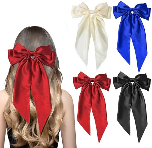4 PCS Big Bow Hair Clips Long Silky Satin Solid Color French Big Bow Clips Hair Clip Tail Large Bows Gifts Accessories Simple Hair Fastener for Women Girls(Black Beige Wine Red, Royal Blue）