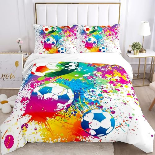 Tabeskly Juego de Funda de Edredón para Niños, Diseño de Graffiti Multicolor de Fútbol, Suave, con Cremallera, Blanco, Tamaño Doble 200×200cm