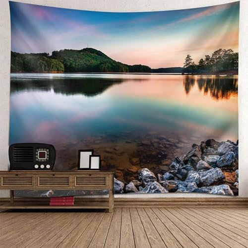 Skcess Wand Teppich Mehrfarbig, Polyester Wandteppich Fluss-Sonnenuntergangslandschaft Tapisserie für Wohnzimmer Schlafzimmer Wanddeko Wandteppich 150x150CM